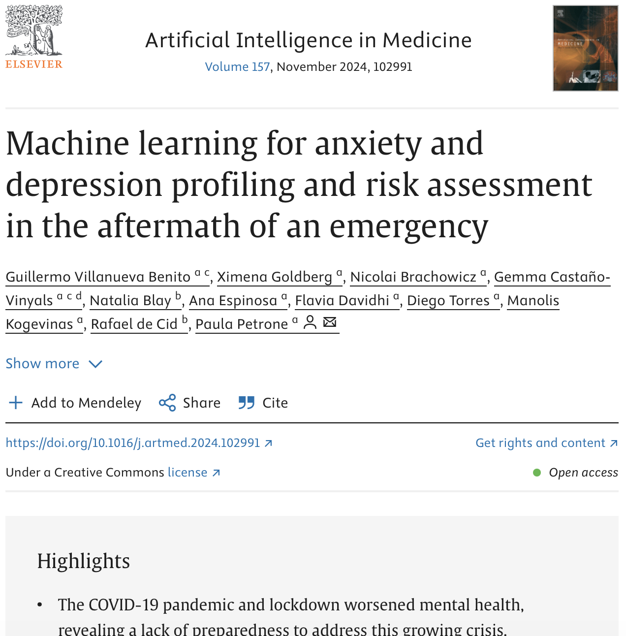 Machine learning for anxiety and depression profiling and risk assessment in the aftermath of an emergency