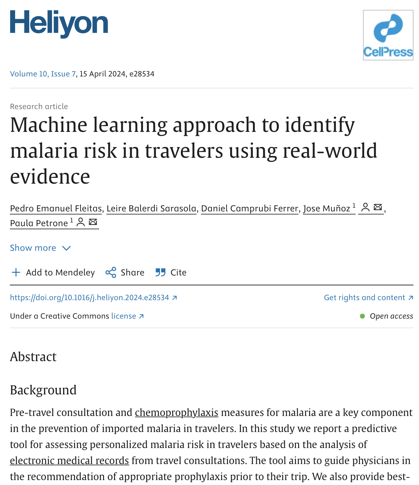 Machine learning approach to identify malaria risk in travelers using real-world evidence