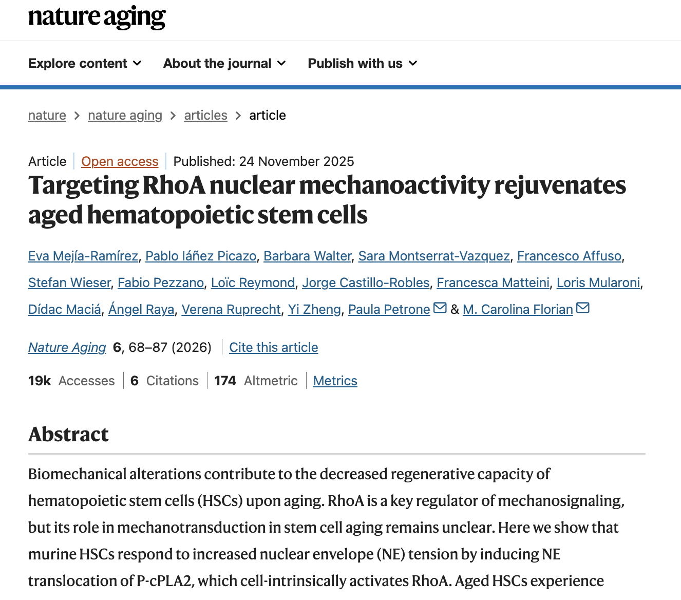 Targeting RhoA nuclear mechanoactivity rejuvenates aged hematopoietic stem cells