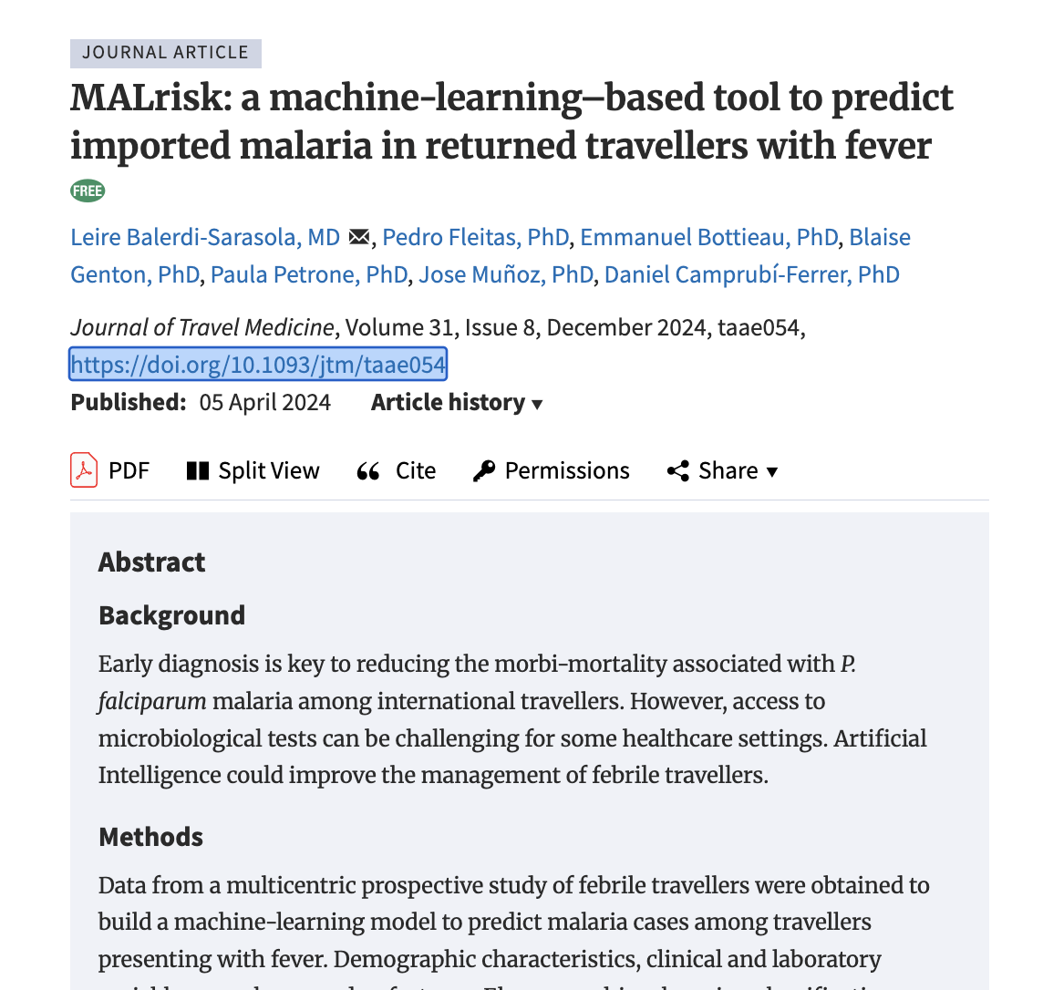 MALrisk: a machine-learning–based tool to predict imported malaria in returned travellers with fever